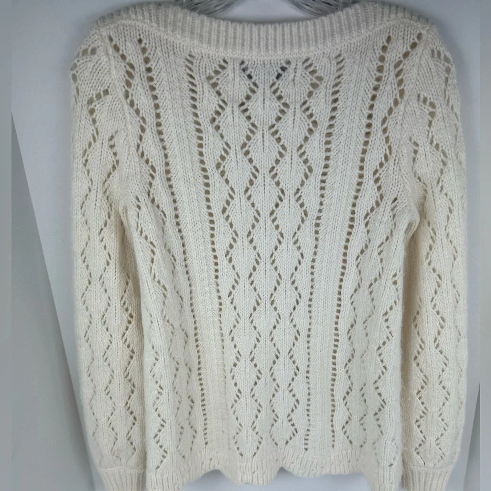 Ann Taylor Loft Women's XS Ivory Crochet Sweater Scalloped Hem Pullover - Picture 7 of 8